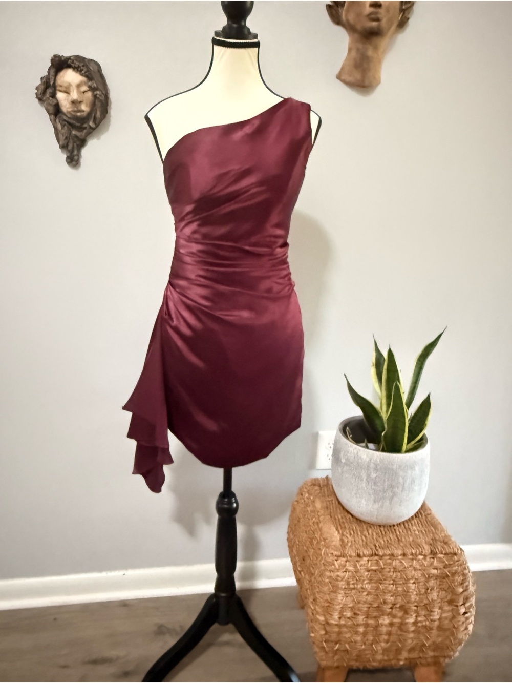 Silk One-Shoulder Burgundy Satin Cocktail Dress